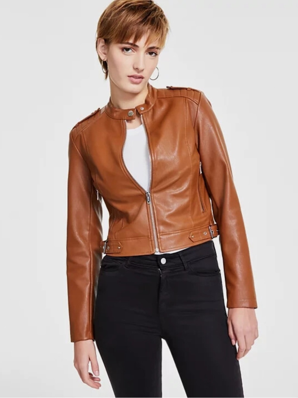 Guess Tan Faux Leather Moto Jacket with Floral Lining
